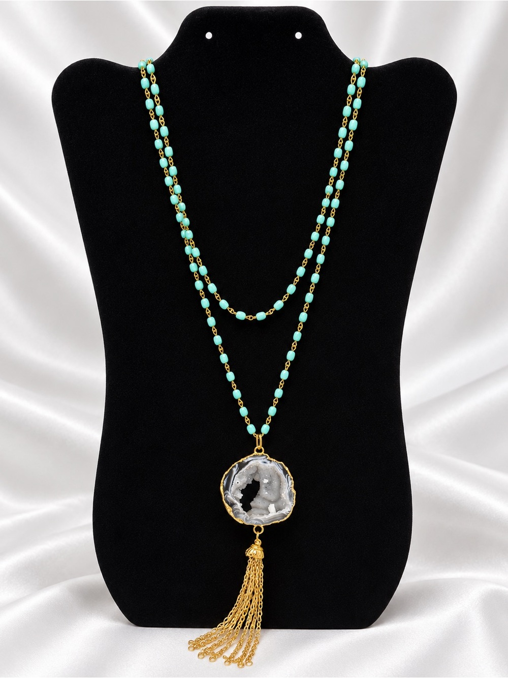 Turquoise Double Strand Geode Tassel Statement Necklace